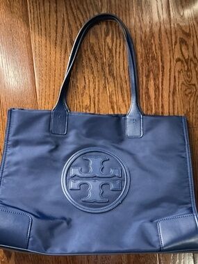 Tory Burch Women Nylon Ella Small Tote Faux Leather Nylon Bag- navy